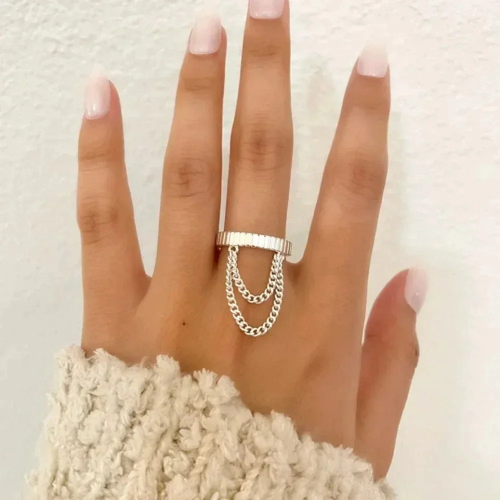 925 Sterling Silver Dangle Chain Drop Ring Minimalist Dainty Ring